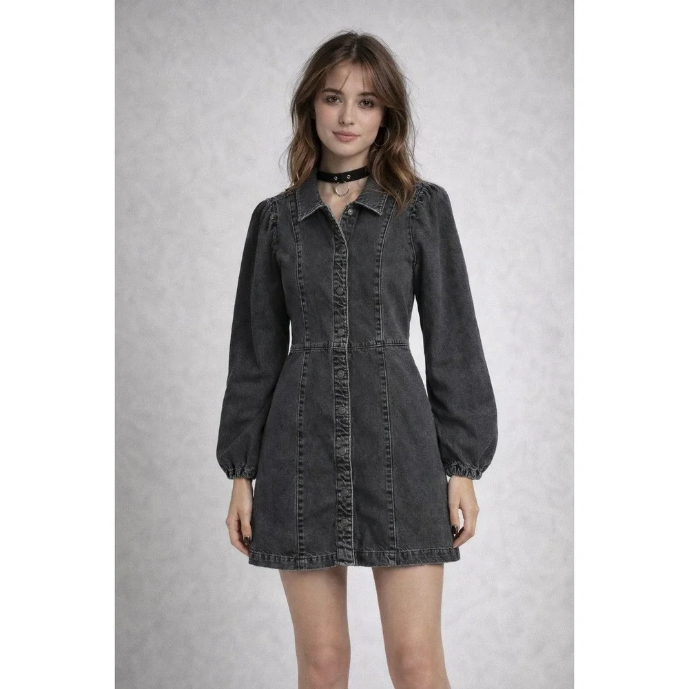 Free People Denim‎ Mini Dress XS Disstressed Black Long Sleeve Snap Front Grunge